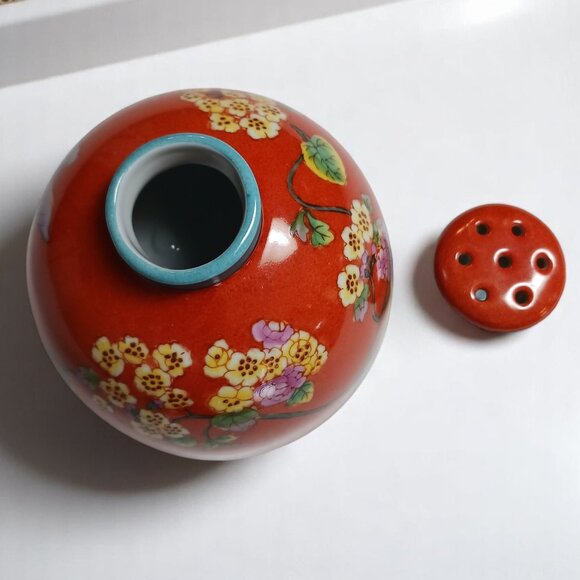 Vintage MCM Ceramic Flower Frog with Lid  Orange Rust Glaze Butterfly Floral - Picture 6 of 9